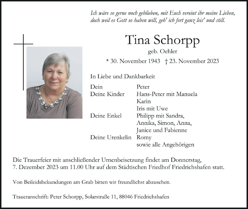  Traueranzeige für Tina Schorpp vom 02.12.2023 aus Schwäbische Zeitung