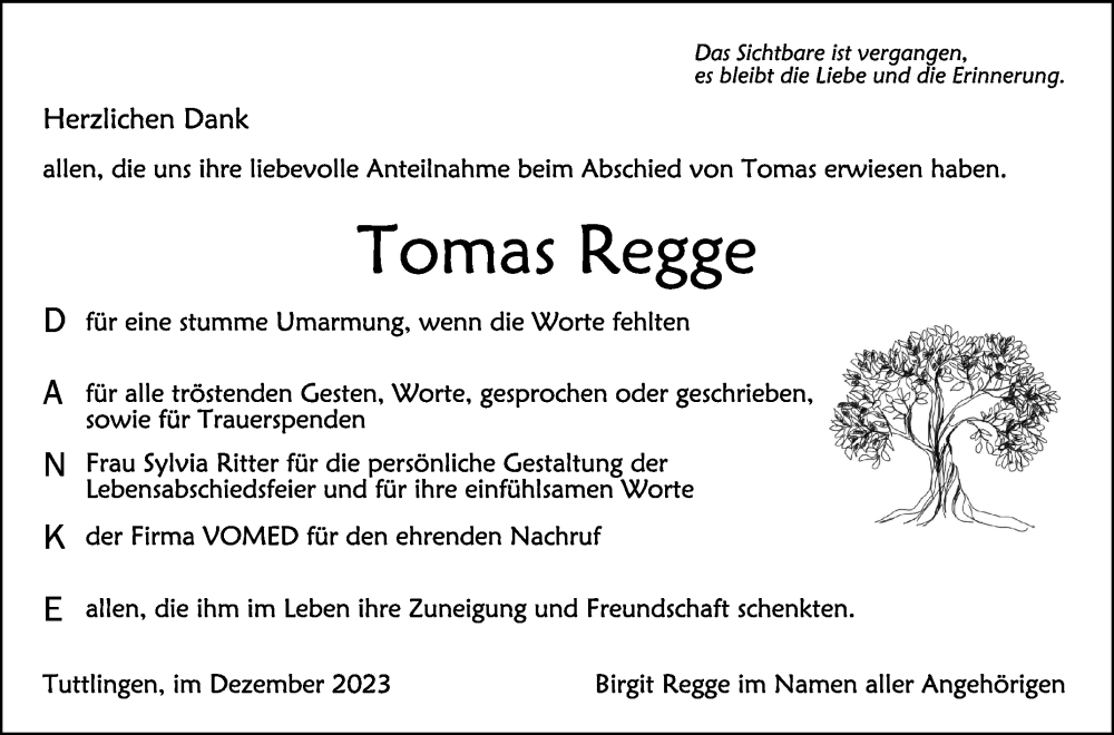  Traueranzeige für Tomas Regge vom 28.12.2023 aus Schwäbische Zeitung