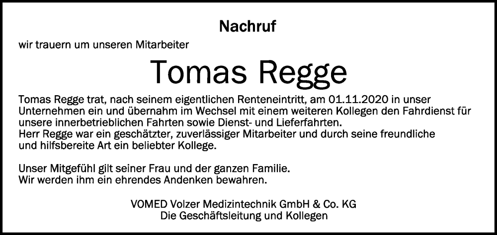  Traueranzeige für Tomas Regge vom 05.12.2023 aus Schwäbische Zeitung