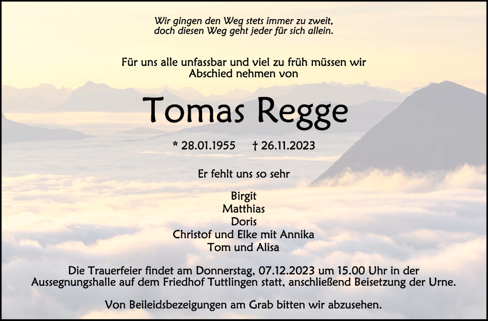  Traueranzeige für Tomas Regge vom 04.12.2023 aus Schwäbische Zeitung