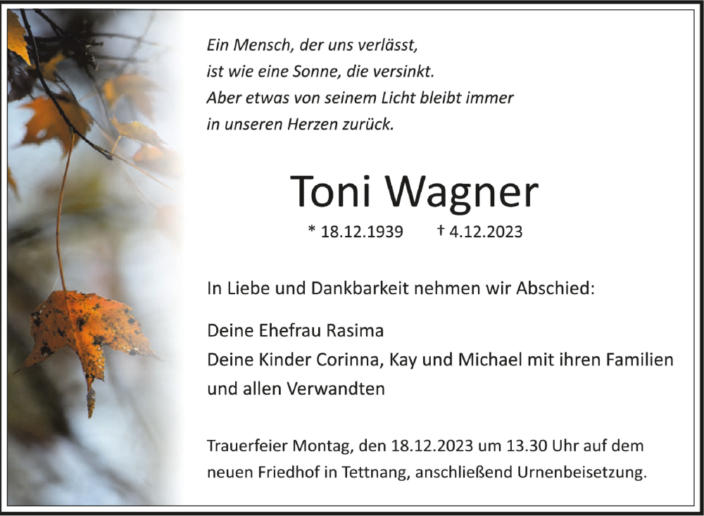  Traueranzeige für Toni Wagner vom 06.12.2023 aus Schwäbische Zeitung