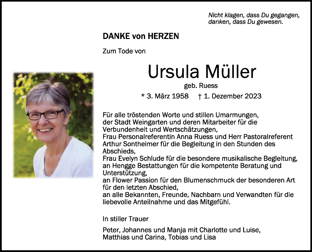  Traueranzeige für Ursula Müller vom 30.12.2023 aus Schwäbische Zeitung