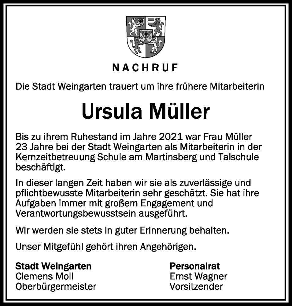  Traueranzeige für Ursula Müller vom 15.12.2023 aus Schwäbische Zeitung