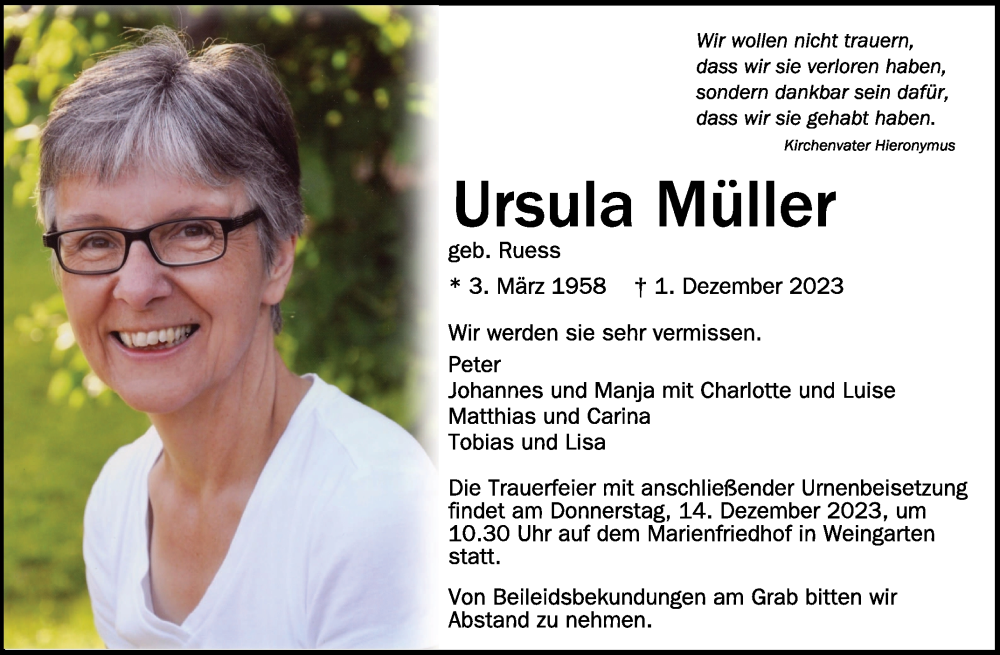  Traueranzeige für Ursula Müller vom 09.12.2023 aus Schwäbische Zeitung