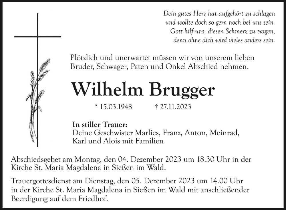  Traueranzeige für Wilhelm Brugger vom 01.12.2023 aus Schwäbische Zeitung