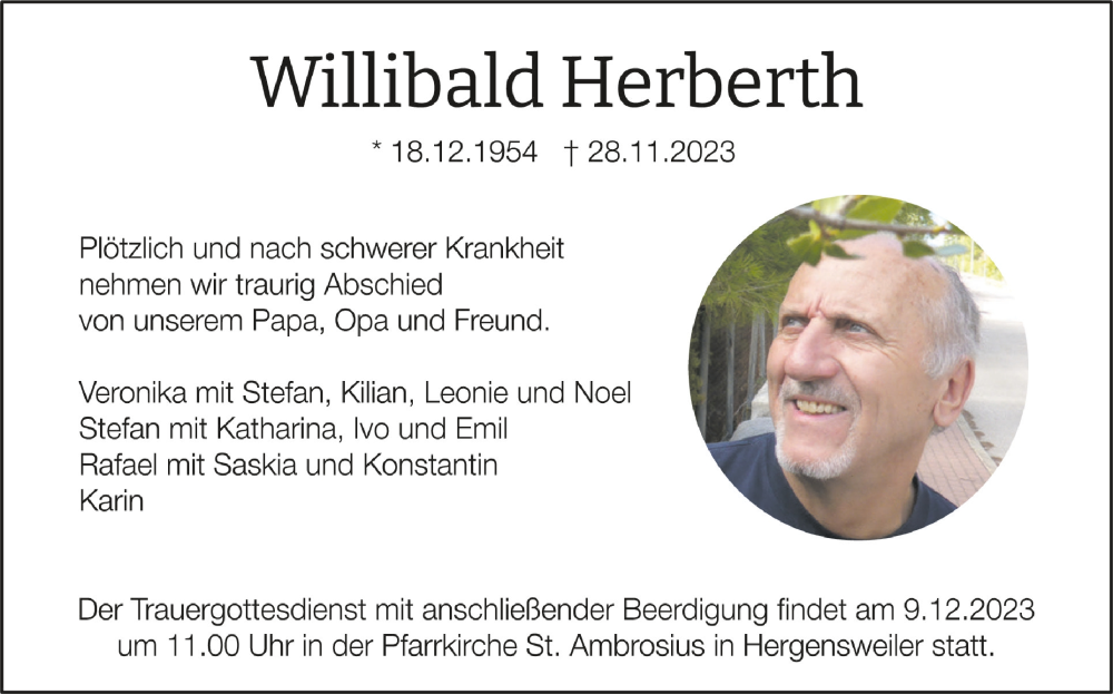  Traueranzeige für Willibald Herberth vom 02.12.2023 aus Schwäbische Zeitung