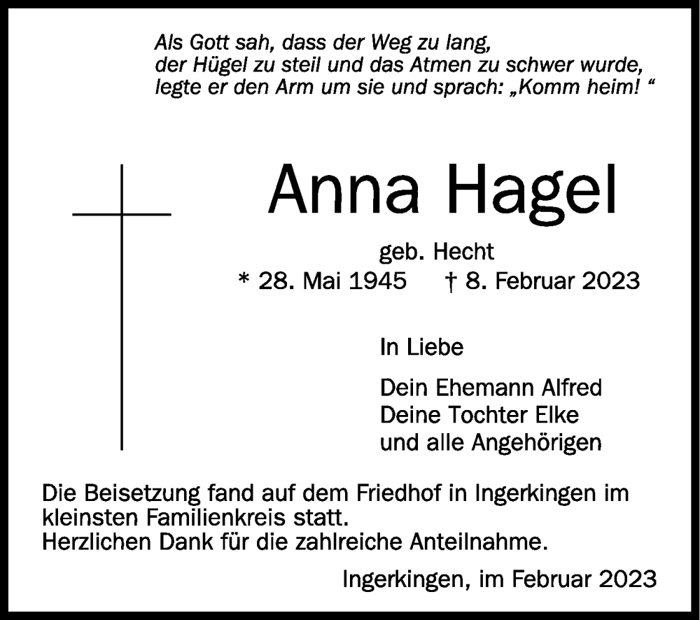  Traueranzeige für Anna Hagel vom 18.02.2023 aus Schwäbische Zeitung