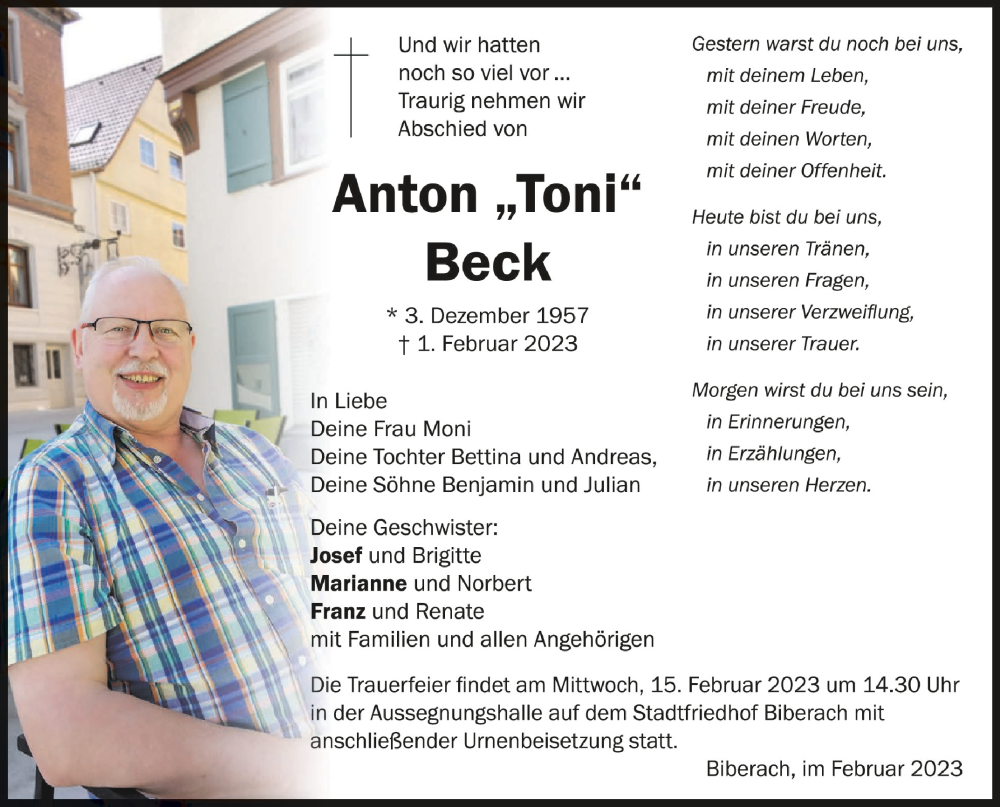  Traueranzeige für Anton Beck vom 11.02.2023 aus Schwäbische Zeitung