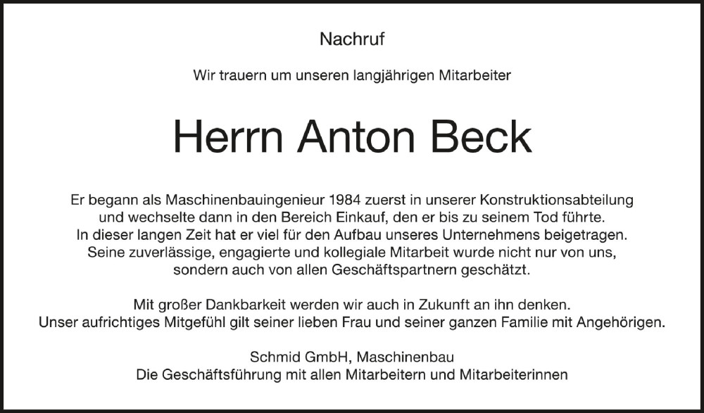  Traueranzeige für Anton Beck vom 11.02.2023 aus Schwäbische Zeitung