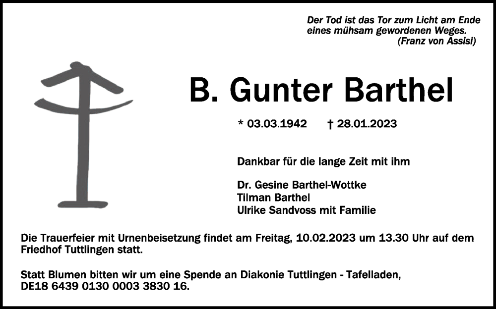 Traueranzeigen Von B. Gunter Barthel | Schwaebische.de Trauerportal