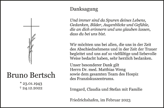 Anzeige von Bruno Bertsch von Schwäbische Zeitung