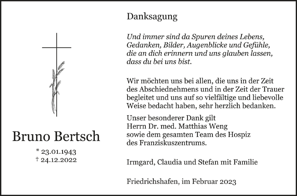  Traueranzeige für Bruno Bertsch vom 04.02.2023 aus Schwäbische Zeitung