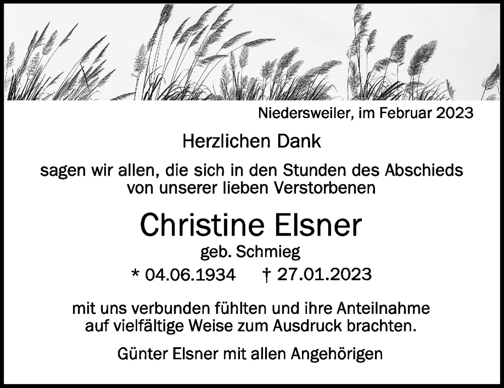  Traueranzeige für Christine Elsner vom 11.02.2023 aus Schwäbische Zeitung