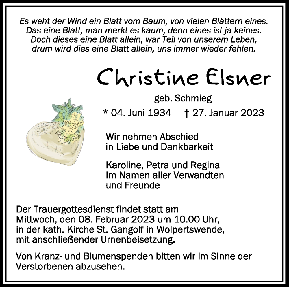  Traueranzeige für Christine Elsner vom 04.02.2023 aus Schwäbische Zeitung