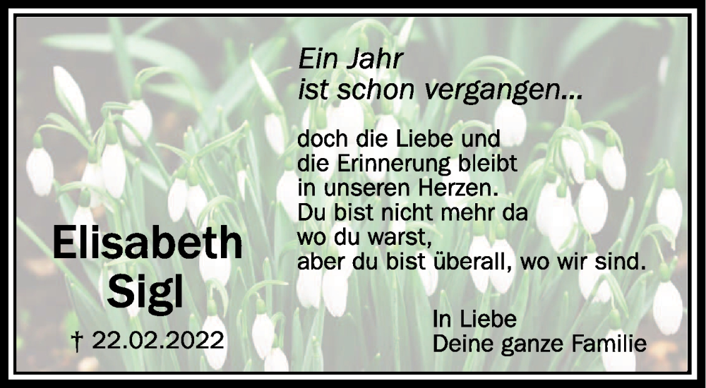  Traueranzeige für Elisabeth Sigl vom 22.02.2023 aus Schwäbische Zeitung