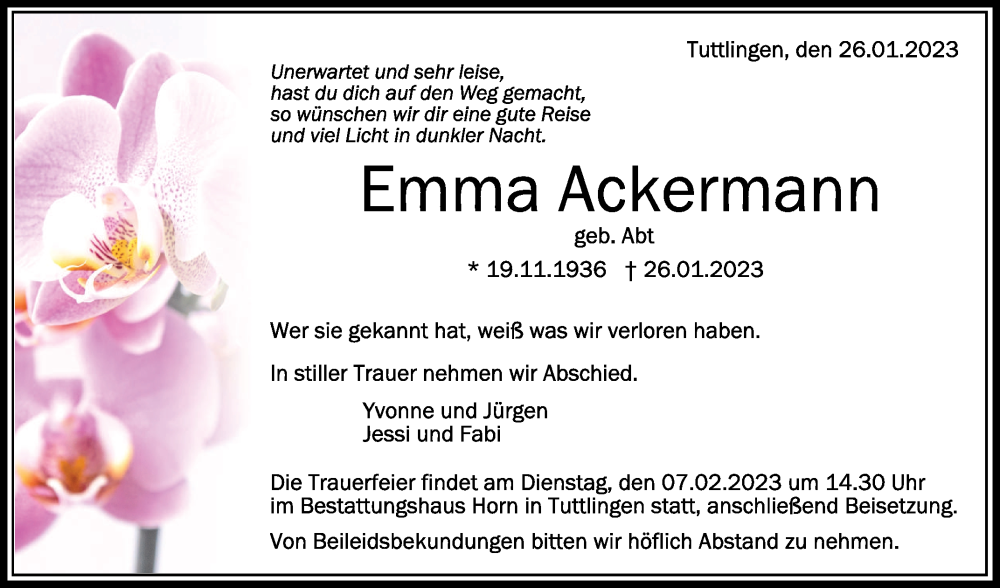  Traueranzeige für Emma Ackermann vom 04.02.2023 aus Schwäbische Zeitung