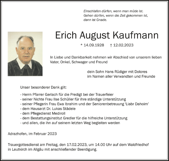 Traueranzeigen Von Erich August Kaufmann | Schwaebische.de Trauerportal