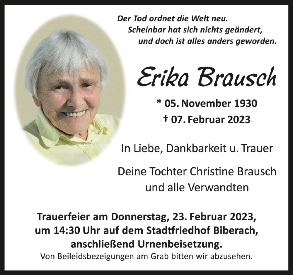 Traueranzeigen Von Erika Brausch | Schwaebische.de Trauerportal