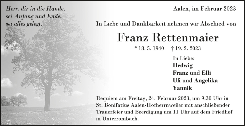  Traueranzeige für Franz Rettenmaier vom 22.02.2023 aus Schwäbische Zeitung