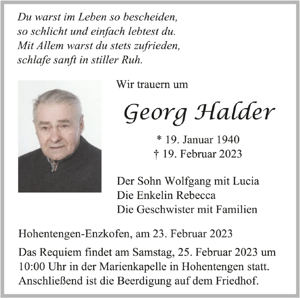  Traueranzeige für Georg Halder vom 23.02.2023 aus Schwäbische Zeitung