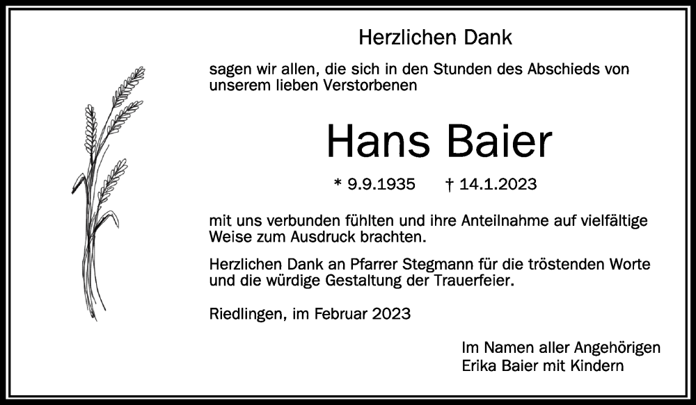  Traueranzeige für Hans Baier vom 18.02.2023 aus Schwäbische Zeitung