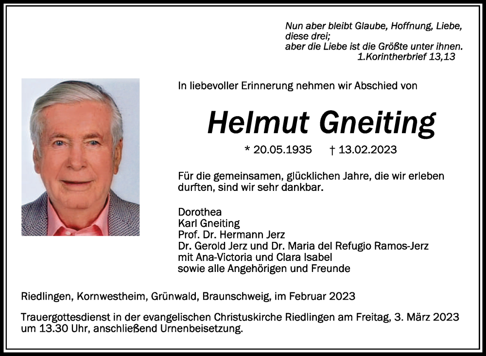  Traueranzeige für Helmut Gneiting vom 28.02.2023 aus Schwäbische Zeitung