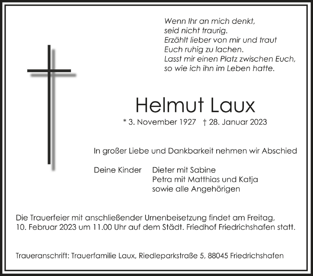  Traueranzeige für Helmut Laux vom 04.02.2023 aus Schwäbische Zeitung