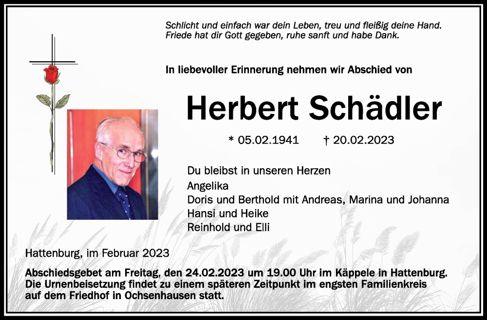  Traueranzeige für Herbert Schädler vom 23.02.2023 aus Schwäbische Zeitung