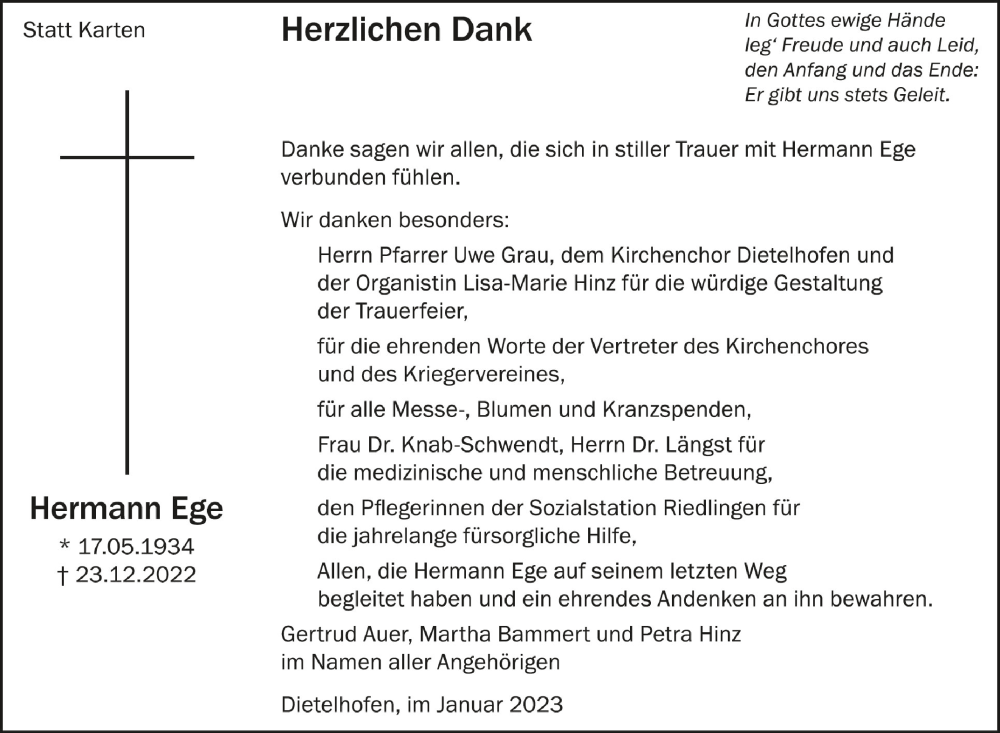  Traueranzeige für Hermann Ege vom 04.02.2023 aus Schwäbische Zeitung