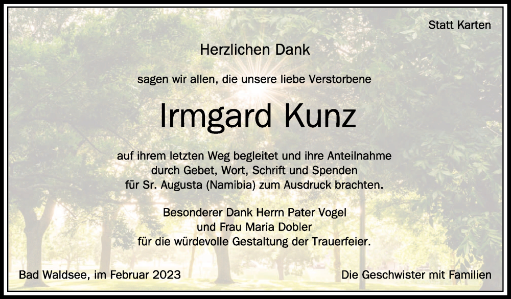  Traueranzeige für Irmgard Kunz vom 04.02.2023 aus Schwäbische Zeitung