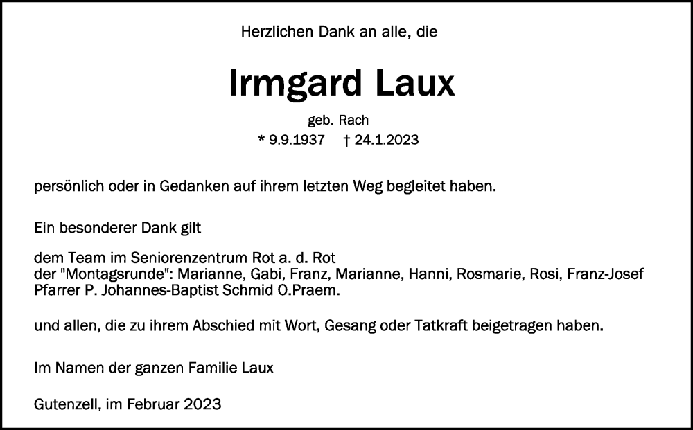  Traueranzeige für Irmgard Laux vom 04.02.2023 aus Schwäbische Zeitung