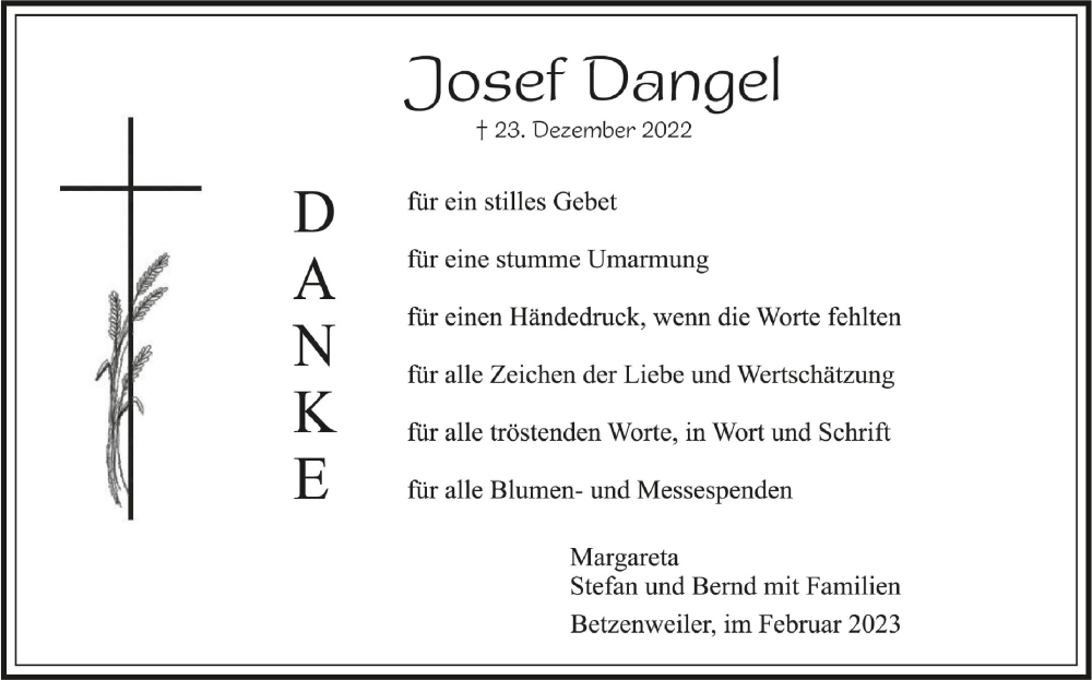  Traueranzeige für Josef Dangel vom 08.02.2023 aus Schwäbische Zeitung