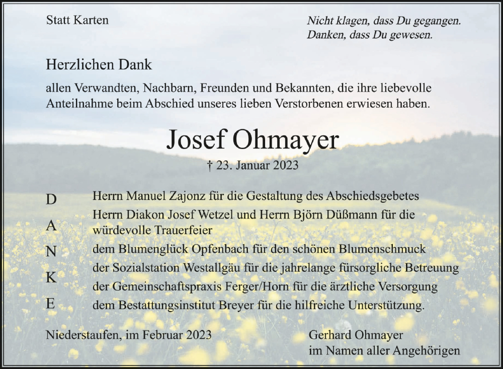  Traueranzeige für Josef Ohmayer vom 04.02.2023 aus Schwäbische Zeitung