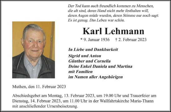 Traueranzeigen von Karl Lehmann | schwaebische.de Trauerportal