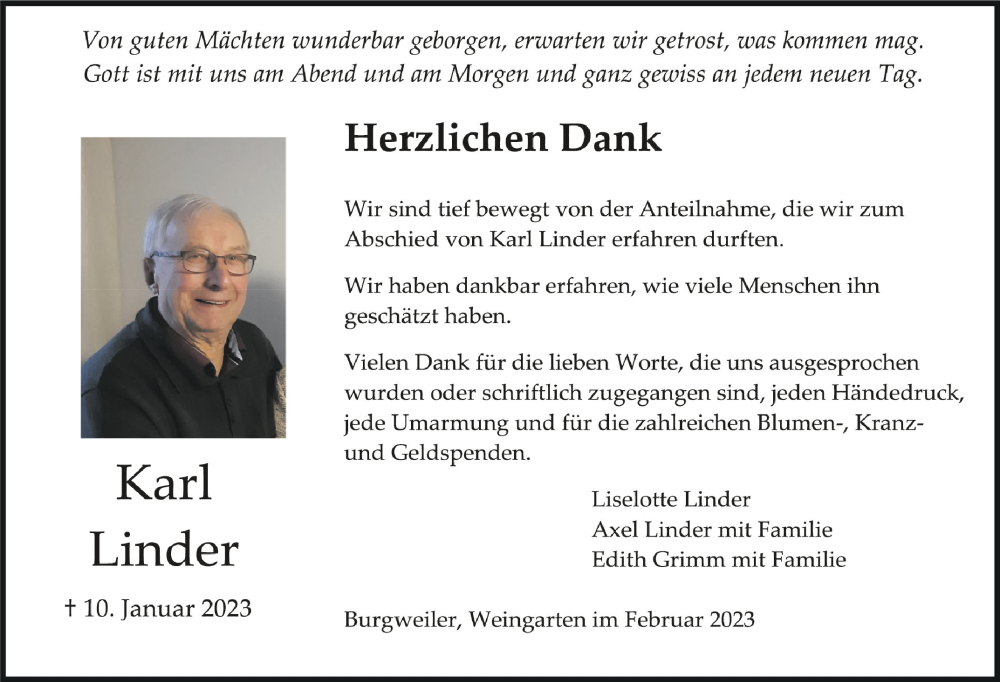  Traueranzeige für Karl Linder vom 28.02.2023 aus Schwäbische Zeitung