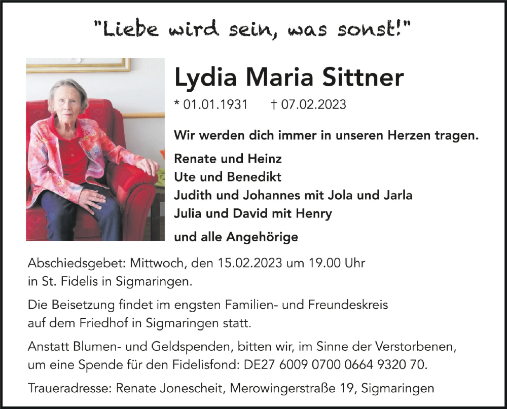  Traueranzeige für Lydia Maria Sittner vom 11.02.2023 aus Schwäbische Zeitung