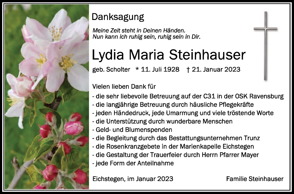  Traueranzeige für Lydia Maria Steinhauser vom 07.02.2023 aus Schwäbische Zeitung