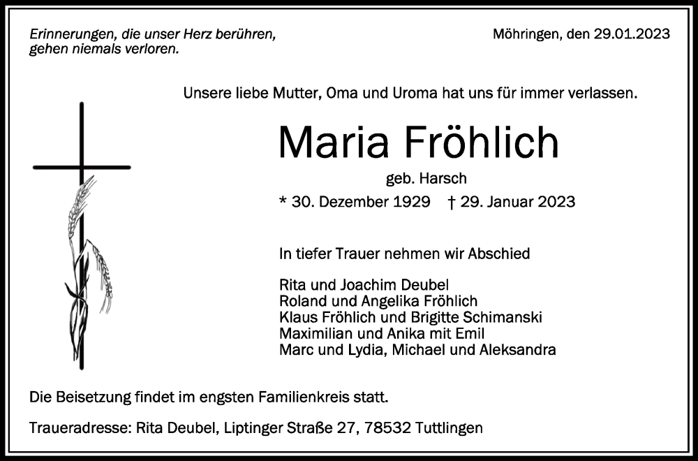  Traueranzeige für Maria Fröhlich vom 04.02.2023 aus Schwäbische Zeitung