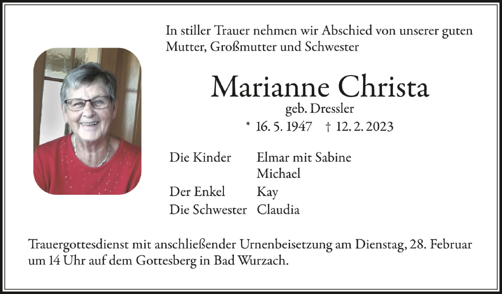 Traueranzeigen Von Marianne Christa Schwaebischede Trauerportal 