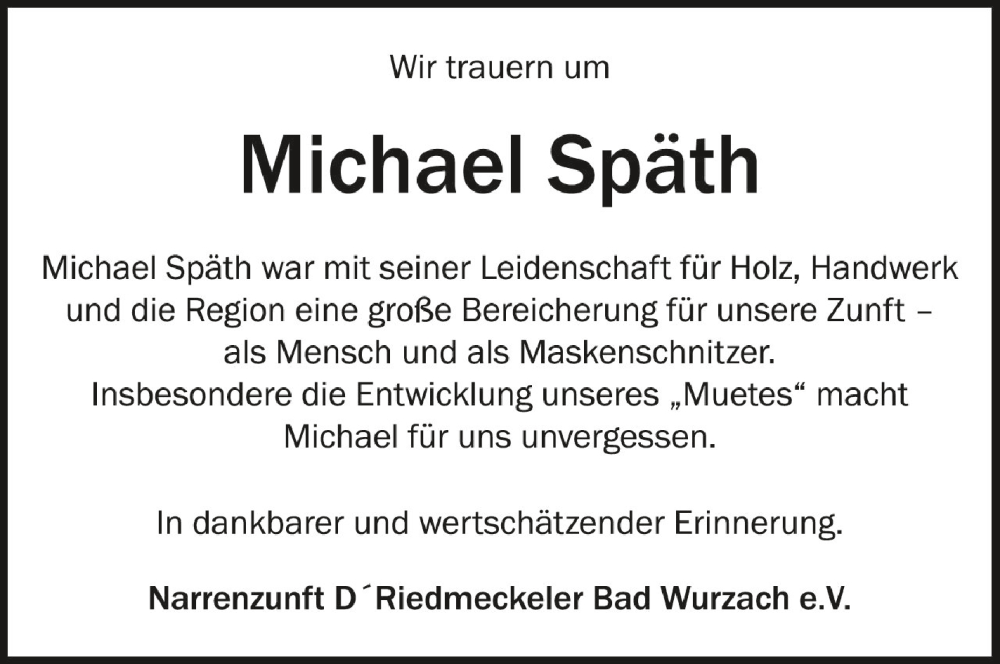  Traueranzeige für Michael Späth vom 10.02.2023 aus Schwäbische Zeitung