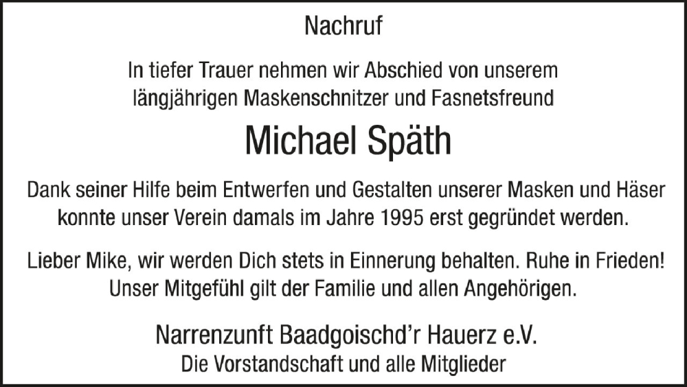  Traueranzeige für Michael Späth vom 11.02.2023 aus Schwäbische Zeitung