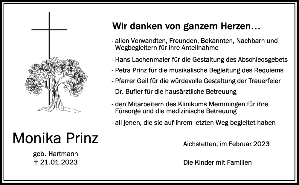  Traueranzeige für Monika Prinz vom 11.02.2023 aus Schwäbische Zeitung