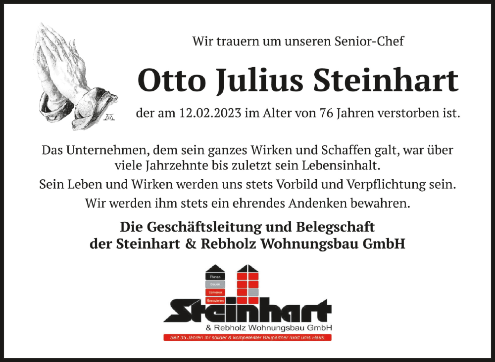  Traueranzeige für Otto Julius Steinhart vom 18.02.2023 aus Schwäbische Zeitung