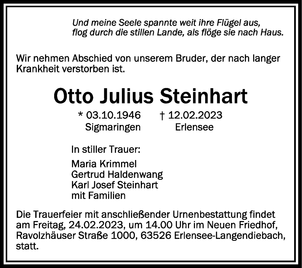  Traueranzeige für Otto Julius Steinhart vom 18.02.2023 aus Schwäbische Zeitung