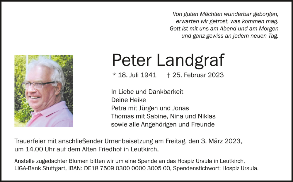  Traueranzeige für Peter Landgraf vom 28.02.2023 aus Schwäbische Zeitung
