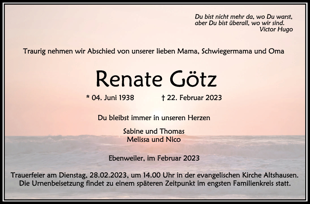  Traueranzeige für Renate Götz vom 25.02.2023 aus Schwäbische Zeitung