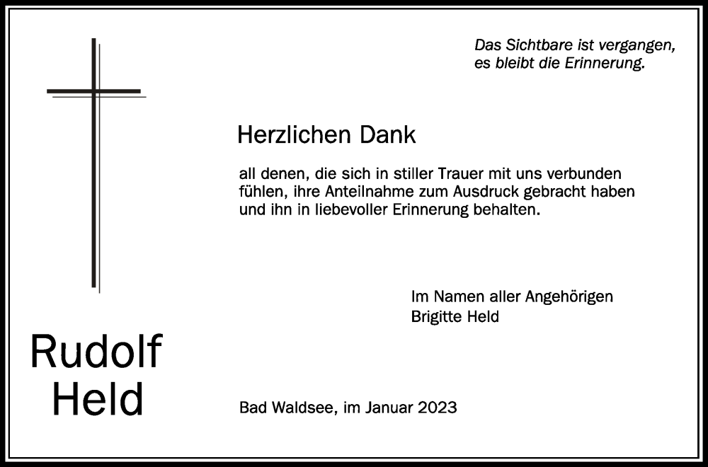  Traueranzeige für Rudolf Held vom 04.02.2023 aus Schwäbische Zeitung