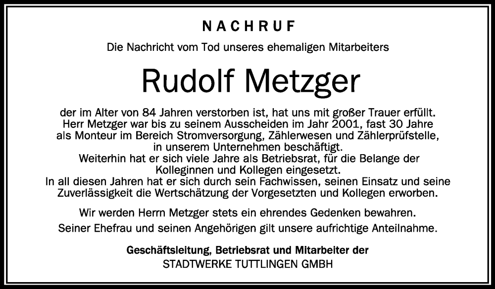  Traueranzeige für Rudolf Metzger vom 23.02.2023 aus Schwäbische Zeitung