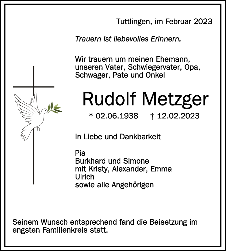  Traueranzeige für Rudolf Metzger vom 22.02.2023 aus Schwäbische Zeitung