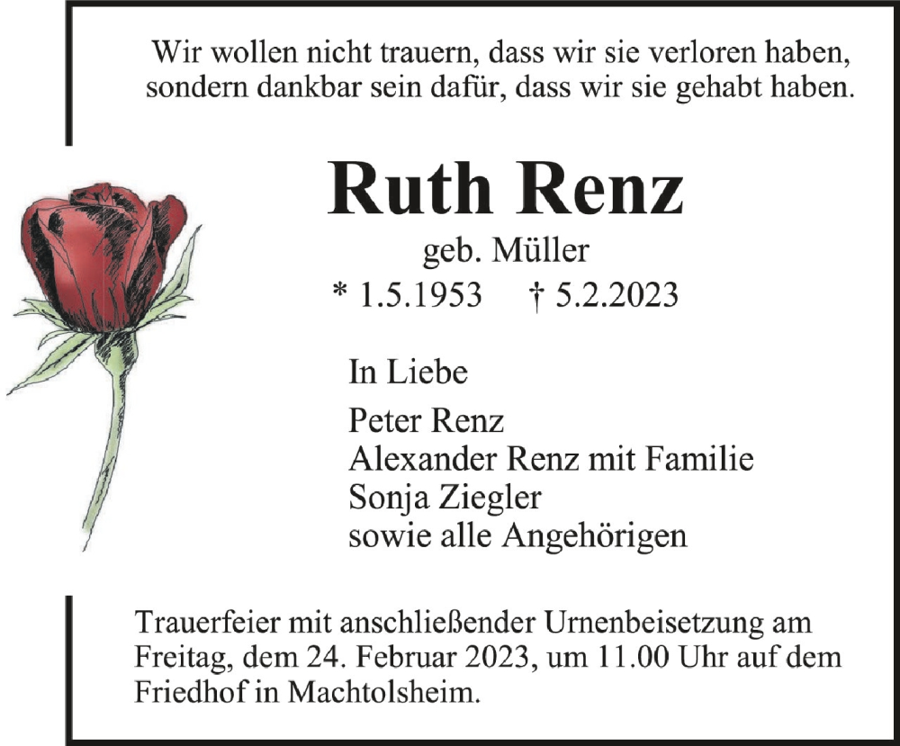  Traueranzeige für Ruth Renz vom 18.02.2023 aus Schwäbische Zeitung